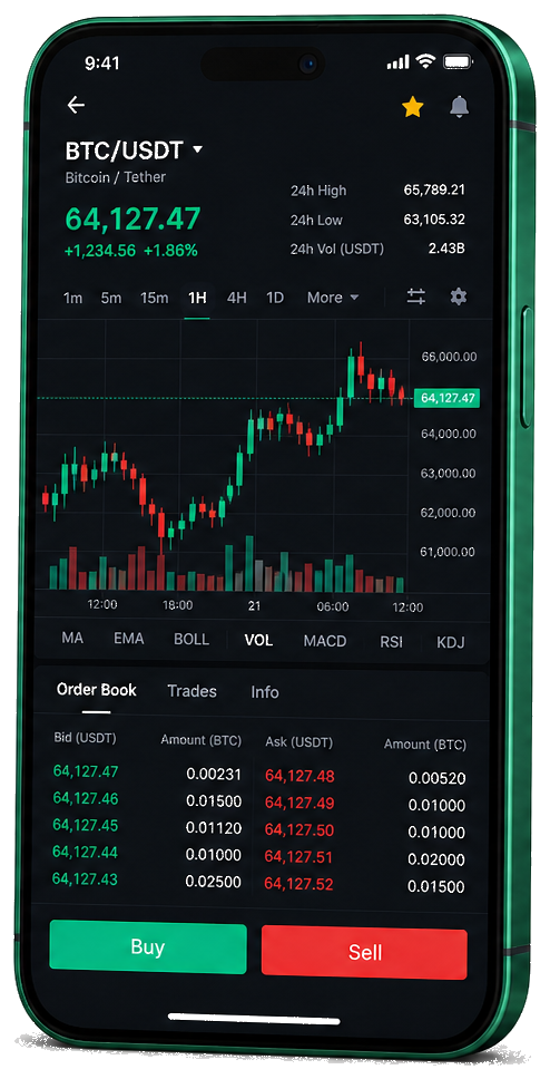 Legacy Bitfundex plataforma móvil de trading — gráficos en vivo BTC/USDT, libro de órdenes e interfaz para comprar/vender